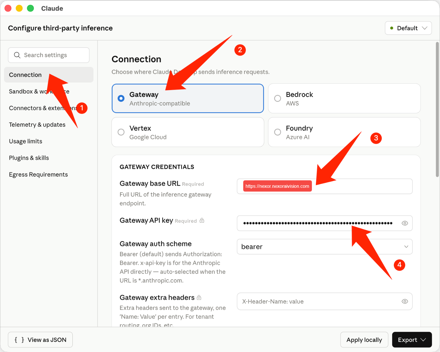 Connection 选 Gateway 并填写 base URL / API key